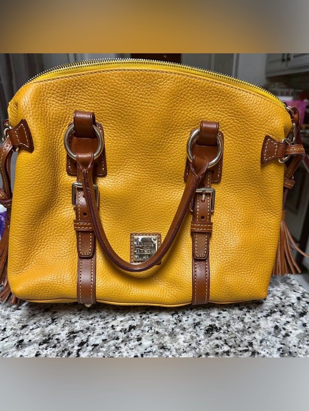 Dooney & Bourke Yellow Leather Satchel with Brown Handles